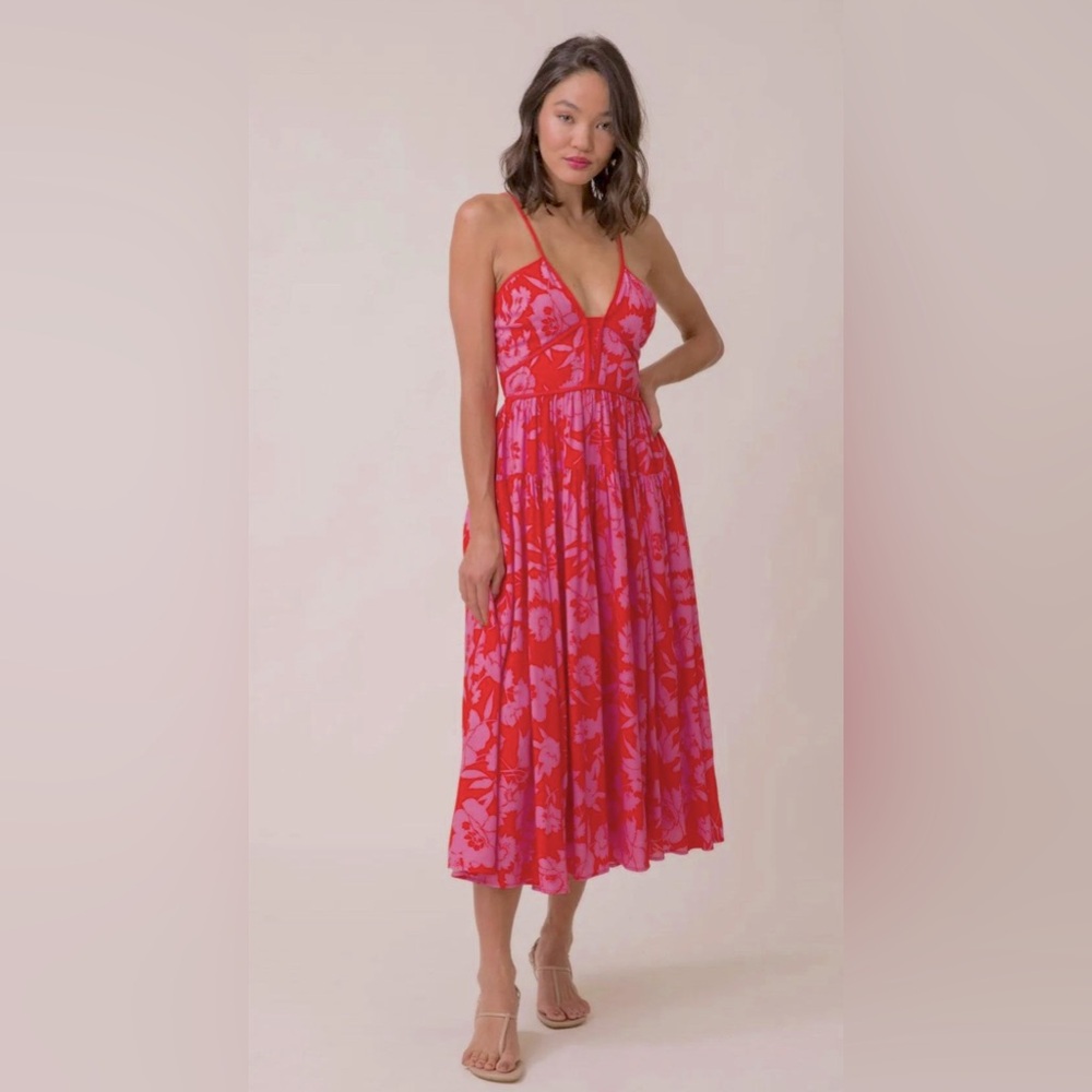 Line & Dot Jennie Midi Dress Boho Floral Wedding Guest Tiered Summer Dress